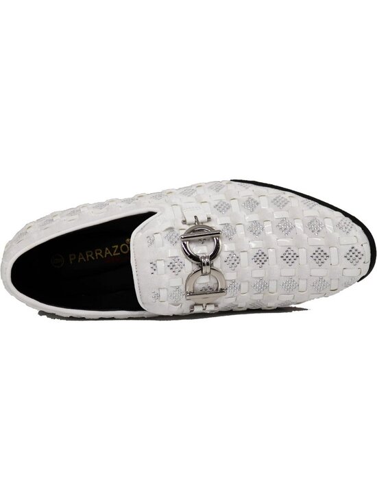 PARRAZO Men\'s White Glitter Rhinestone Loafers Metal Buckle Slip On Formal Shoes main image 5